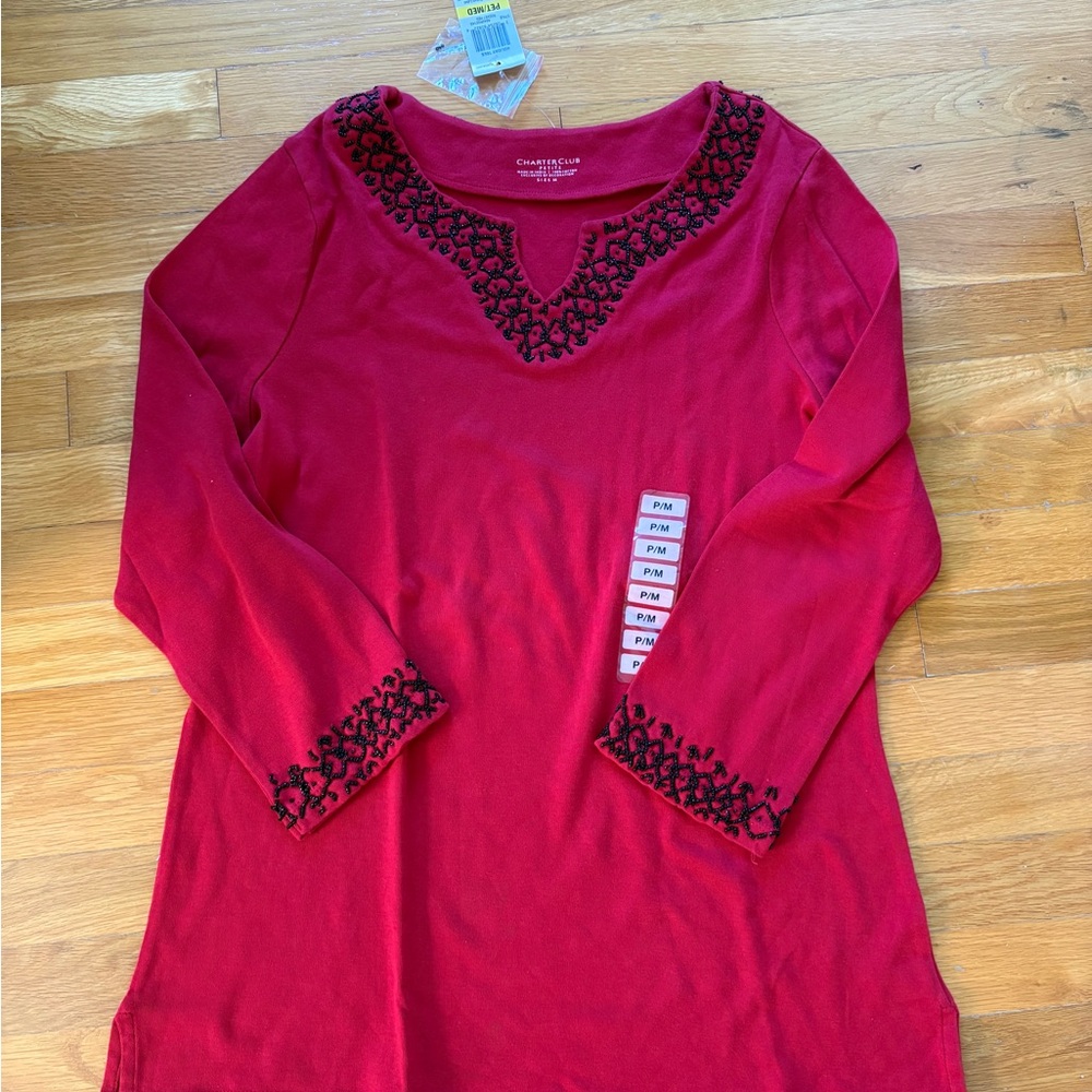 NWT Charter Club Red Embroidered Scoop Neck Knit Top